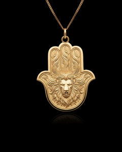 Gold Lion Hamsa Pendant