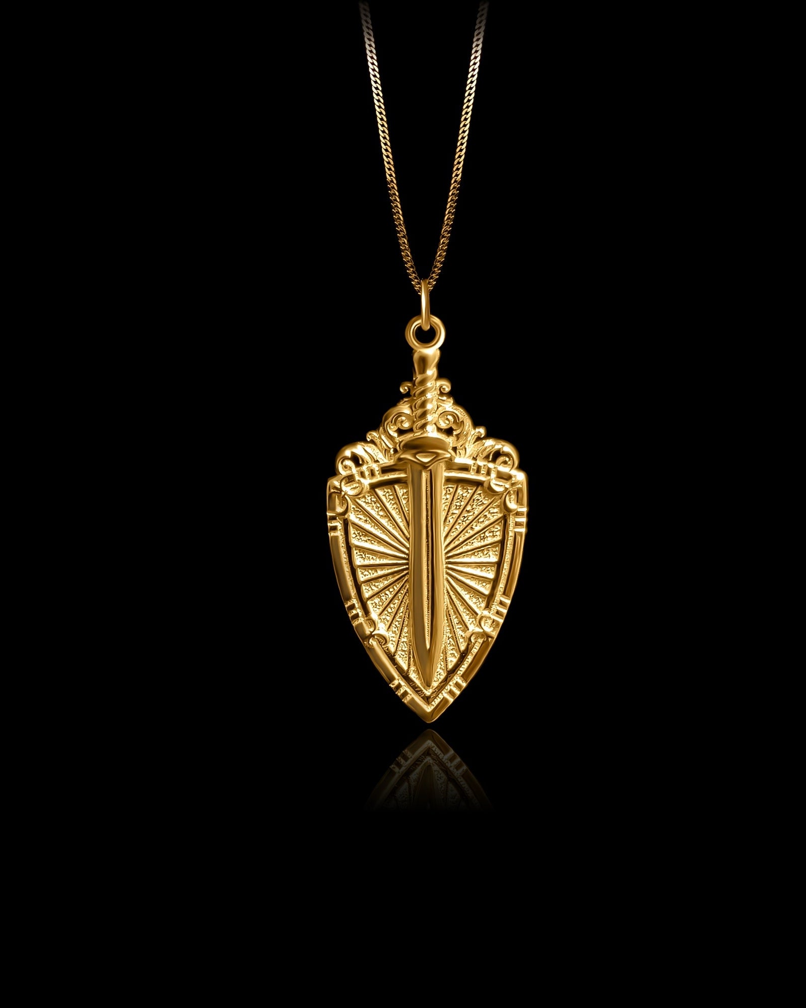 Gold Sword & Shield Pendant Necklace 14K, 18K Solid Gold | Made in