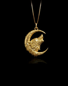 Gold Wolf & Moon Pendant